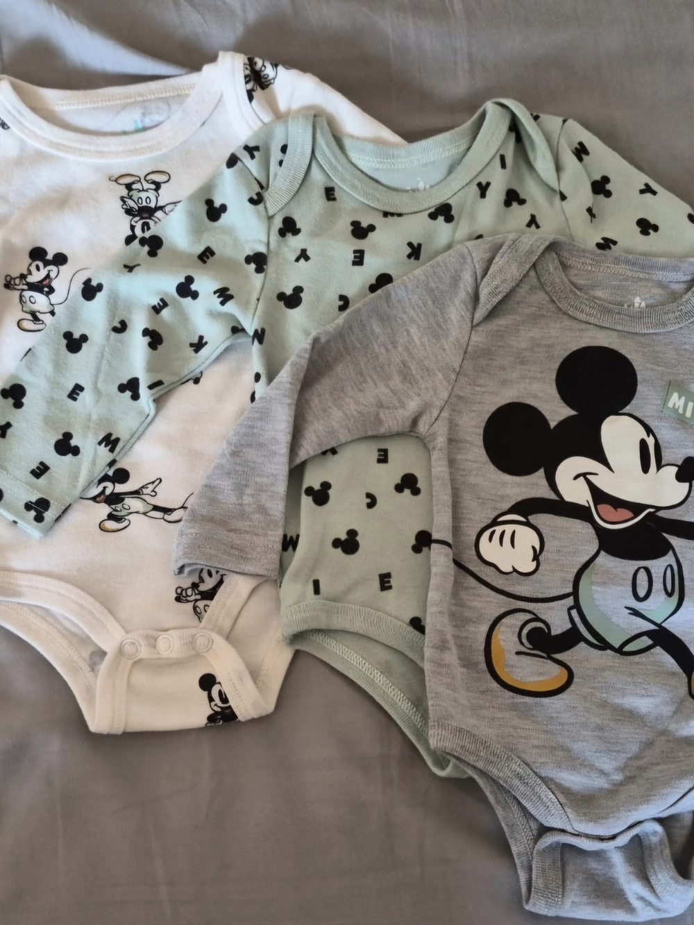 Disney Baby Mickey Mouse 3-Pack Long-Sleeve One-Pieces - White, Mint, Gray